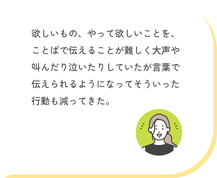 欲しいもの、やって欲しいことを、ことばで伝えることが難しく大声や叫んだり泣いたりしていたが言葉で伝えられるようになってそういった行動も減ってきた。